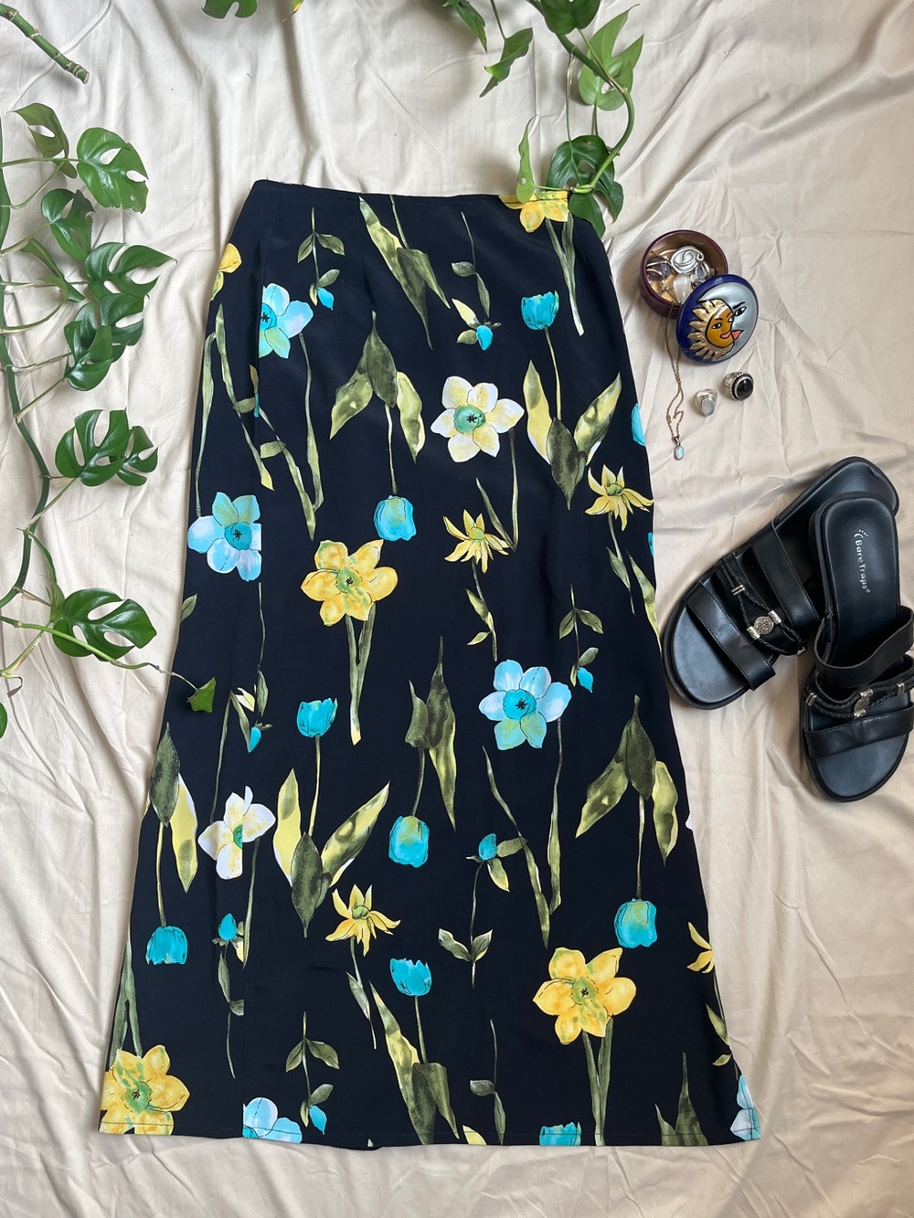 Vintage Black Midi Skirt with Blue and Yellow Floral Print